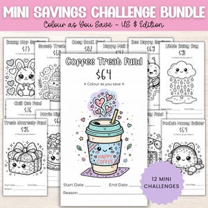 Mini Spar-Challenge Bundle Printable A6 PDF | 12 Cash-Stuffing-Spar-Tracker | Farbe wie Sie sparen | Niedliche Kawaii Haushalt Printables US