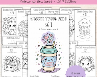 Paquete de minidesafíos de ahorro imprimibles en PDF A6 / 12 rastreadores de ahorro para acumular efectivo / Colorea mientras ahorras / Lindos imprimibles de presupuesto Kawaii (EE. UU.)