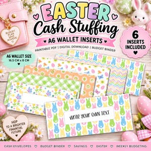 May include: A set of six A6 wallet inserts for Easter cash stuffing, featuring colorful patterns of bunnies, flowers, and eggs. The inserts measure 16.5 cm by 8 cm and include a printable PDF digital download for budget binders.