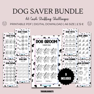 Puede incluir: Nueve hojas imprimibles de tamaño A6 con ilustraciones en blanco y negro de artículos relacionados con perros, como comida para perros, juguetes, camas, cuencos, herramientas de aseo, veterinarios, vacunas, jaulas y extras. Cada hoja tiene un título y una sección para hacer un seguimiento de los ahorros. El título "Dog Saver Bundle" está en la parte superior de la imagen. El texto "A6 Cash Stuffing Challenges" está debajo del título. El texto "Printable PDF | Digital Download | A6 Size | £ $ €" está debajo de la segunda línea de texto. El texto "9 Included" está en un círculo en el centro de la imagen.