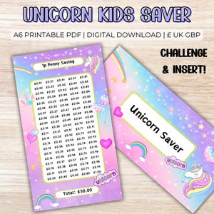 Desafio Unicórnio Infantil - PDF A6 para impressão, rastreador de orçamento, pacote de desafio financeiro, encartes para carteira, comprovante de dinheiro, mesada diária