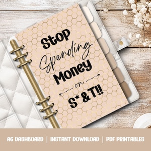 Puede incluir: Un tablero de planificación A6 imprimible con un patrón de panal de abeja rosa y dorado. El texto "Stop Spending Money on S*&T!!" está escrito en negro en el tablero.