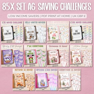 May include: A collection of A6 saving challenges, including themes like "Hello Winter," "Hello Spring," and "Christmas." Each challenge features a binder with inserts for tracking savings. The text "85X SET A6 SAVING CHALLENGES" is at the top.