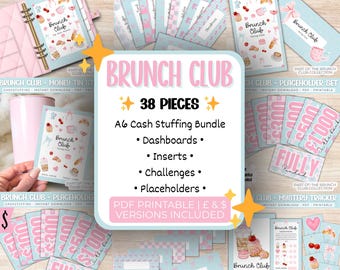 Brunch Club A6-bundel met geldvulling | 38-delige afdrukbare budgetbinderset | Dashboards Bijlagen Uitdagingen Tijdelijke aanduidingen | PDF VK, VS en euro
