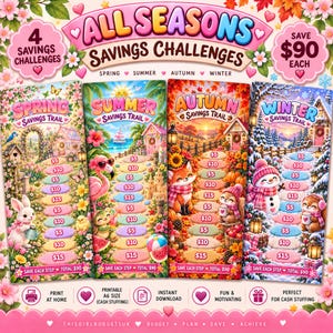 May include: Four All Seasons Savings Challenges trackers featuring Spring, Summer, Autumn, and Winter themes. Each vertical card displays a seasonal path with circular steps labeled with dollar amounts, totaling $90 per challenge, with text indicating Save $90 Each.