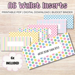May include: A selection of A6 wallet inserts featuring diverse patterns such as polka dots, stripes, and checks. The inserts are in pastel shades and include the text "Write your own text". The image also includes the text "6x INCLUDED".