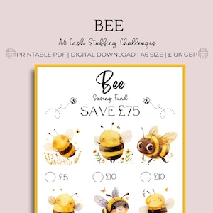 Könnte beinhalten: Druckbare Spar-Challenge-Karte zum Thema Biene mit einem Sparziel von 75 €. Die Karte zeigt eine Bienenillustration und drei Optionen für Sparbeträge: 5 €, 10 € und 10 €.