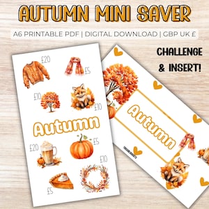 May include: Two white cards with autumn-themed illustrations and text. The cards feature images of a sweater, scarf, fox, tree, pumpkin, latte, pie, and wreath. The text on the cards reads "Autumn Mini Saver", "Challenge & Insert!", and "Autumn".