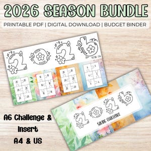 以下が含まれることがあります： 「2026 SEASON BUNDLE」と「Saving Challenge」の文字が入った、印刷可能な予算バインダーのインサートセット。数字と花のディテールを使ったパズル風のチャレンジが特徴です。A6、A4、USサイズで利用可能。デジタルダウンロード。