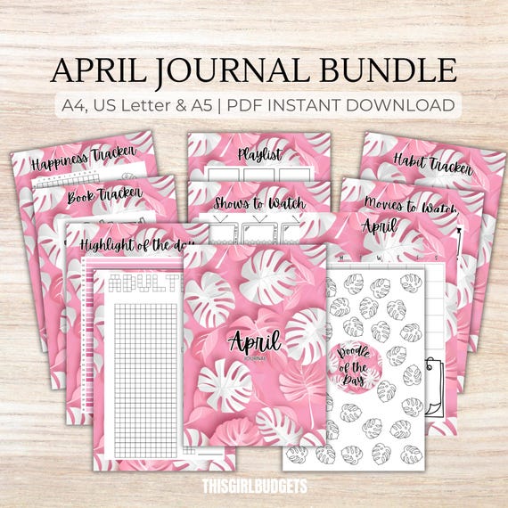 April Journal Pages - PRINTABLE A4, US & A5, Monstera Daily Tracker, 2025 Planner, Bullet Journal, Habit Trackers, Adulting Pixel Sheet Log