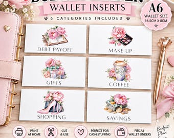 May include: Six white rectangular budget binder wallet inserts with floral watercolor illustrations and text labels: Debt Payoff, Make Up, Gifts, Coffee, Shopping, and Savings. The inserts measure 16.5cm x 8cm and are designed for A6 wallet binders.