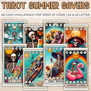 May include: A collection of tarot cards with a summer theme, featuring skeleton illustrations in beach settings. The cards have colorful designs with text that reads "Tarot Summer Savers", "A6 Cash Challenges", and "PDF Print at Home".
