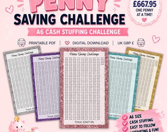 Penny Saving A6 Digital Printable Challenge, Cash Stuffing Tracker, UK GBP Budget Planner, Low Income Savings Challenge, Money Saving Insert