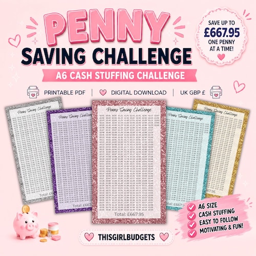 Penny Saving A6 Digital Printable Challenge, Cash Stuffing Tracker, UK GBP Budget Planner, Low Income Savings Challenge, Money Saving Insert