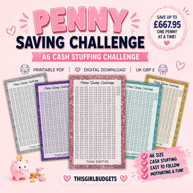May include: A Penny Saving Challenge A6 cash stuffing printable PDF digital download set featuring five glitter-bordered trackers in silver, purple, pink, blue, and gold. Each tracker lists amounts up to &pound;667.95, accompanied by a pink piggy bank and coins.