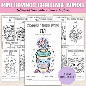 Puede incluir: Un conjunto de 12 mini desafíos de ahorro con ilustraciones, incluyendo una taza de café y un conejo. El texto "Mini Savings Challenge Bundle" y "Colour as You Save" son visibles. Cada desafío tiene espacios para fechas.