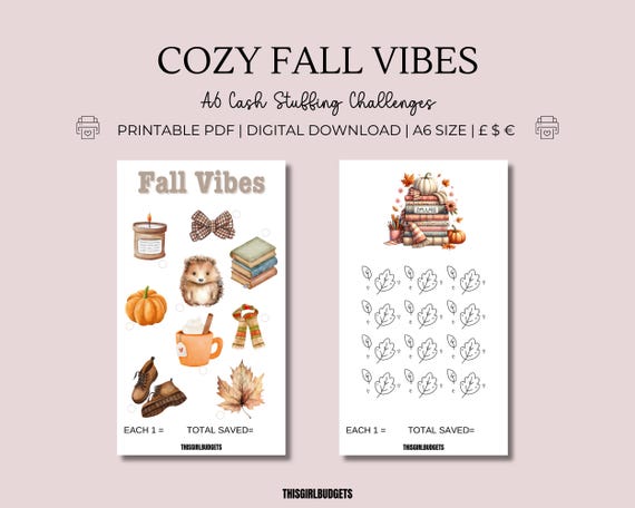 Cozy Fall Vibes Savings Challenge Printable Cash Stuffing | A6 Money Tracker | UK, Euro Dollar | Autumn Savers | Digital Download A4 US PDF