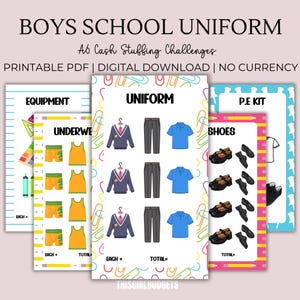 Könnte beinhalten: Ein druckbares Arbeitsblatt für eine Cash-Stuffing-Herausforderung für eine Schuluniform. Das Arbeitsblatt hat drei Abschnitte: Ausrüstung, Uniform und Sport-Set. Jeder Abschnitt enthält ein Bild der benötigten Artikel und einen Platz zum Aufschreiben des Preises für jeden Artikel und der Gesamtkosten.