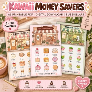 Może przedstawiać: Zestaw trzech arkuszy do oszczędzania w formacie A6 do druku PDF, zawierający ilustrowane witryny sklepowe Coffee Break, Cozy Crumbs Bakery i Matcha Mood z ikonami jedzenia, kwotami w dolarach oraz polami wyboru w kształcie serc.