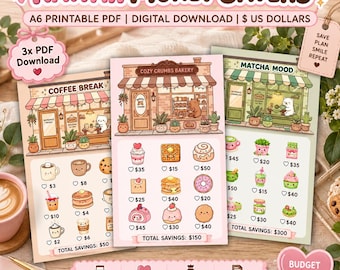 May include: A set of three A6 printable PDF digital download money saving trackers featuring illustrated shop fronts including Coffee Break, Cozy Crumbs Bakery, and Matcha Mood with various food icons, dollar amounts, and heart checkboxes.