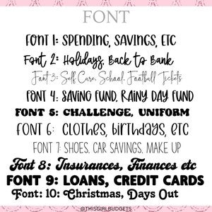May include: A pink background with black text listing different categories for budgeting, such as spending, savings, holidays, self-care, and more. The text is in different fonts and sizes.