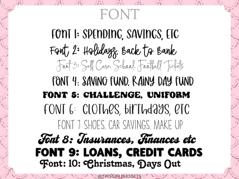 May include: A pink background with black text listing different categories for budgeting, such as spending, savings, holidays, self-care, and more. The text is in different fonts and sizes.