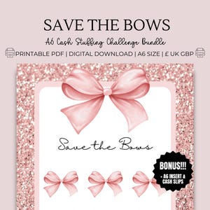 Desafío de ahorro de Coquette Bows: paquete de descarga de PDF A6 imprimible, GBP: presupuesto, relleno de efectivo, registro + inserción de billetera, hoja de efectivo