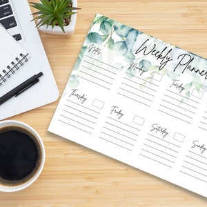 Planificador semanal imprimible para hacer lista, planificación de productividad, diseño minimalista, motivo de eucalipto, planificador familiar, lista diaria de tareas pendientes