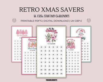Christmas Retro 100-500 Saving Challenges - A6 Printable PDF UK GBP, Cash Stuffing Trackers, Low Income Savers, Xmas Inserts, Money Bundle