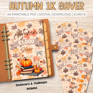 May include: A digital autumn-themed financial planner with the text "Autumn 1K Saver" and "Dashboard & Challenges Included." The planner features a pumpkin, books, and fall leaves. Includes printable PDF and digital download.
