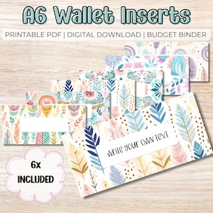 Insertos para carpetas de presupuesto - Relleno de efectivo imprimible en PDF A6, billeteras con plumas bohemias, etiquetas con cremallera, extras para presupuestos, sistema de sobres para efectivo