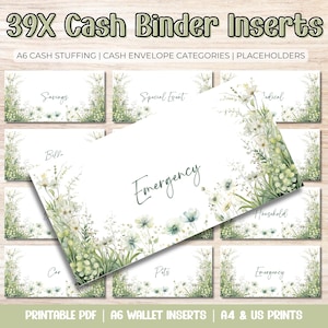 May include: A set of 39 cash binder inserts with categories like Savings, Emergency, and Bills. The inserts feature floral watercolor designs in green and white. Text includes "Cash Binder Inserts", "A6 Cash Stuffing", and "Printable PDF".