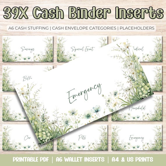 Cash Binder A6 Inserts | 39 Digital Cash Envelope Labels | Printable Budgeting & Cash Stuffing PDFs | Sage Green + Blanks!