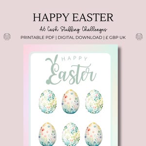May include: Printable A6 Easter egg cash stuffing challenge cards. The cards feature a watercolor design of colorful eggs with floral patterns and the text "Happy Easter".