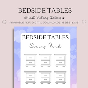 Może przedstawiać: Drukowalny plik PDF w formacie A6 z trackerem oszczędności do stolika nocnego. Tracker ma sześć szuflad z liniami do pisania. Tło to jasnoniebieski i fioletowy gradient z białymi sercami.