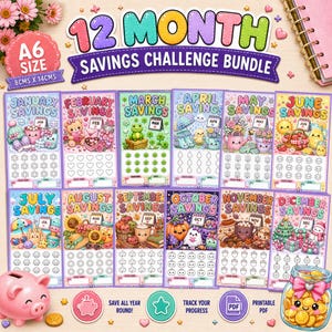 Peut inclure: Un ensemble de défis d'épargne de 12 mois comprenant douze cartes au format A6, mesurant chacune 8 cm sur 14 cm. Chaque carte présente un thème mensuel avec des illustrations colorées et des icônes pour suivre les objectifs d'épargne.