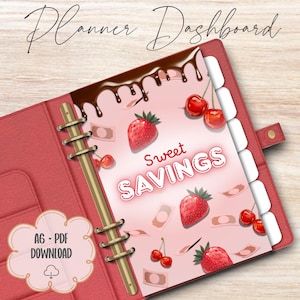 May include: Red planner dashboard with the text "Planner Dashboard" and "Sweet Savings". The planner features a design with strawberries, cherries, and chocolate. Includes a PDF download option.