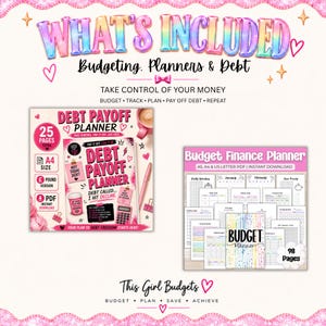Puede incluir: Un paquete digital que incluye un planificador de pago de deudas y un planificador financiero. La portada del planificador de deudas es rosa con texto e iconos. El planificador financiero muestra varios dise&ntilde;os de p&aacute;ginas internas, incluyendo rastreadores mensuales.