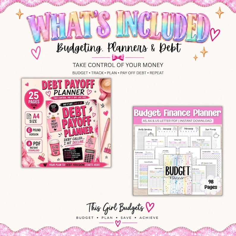 Puede incluir: Un paquete digital que incluye un planificador de pago de deudas y un planificador financiero. La portada del planificador de deudas es rosa con texto e iconos. El planificador financiero muestra varios dise&ntilde;os de p&aacute;ginas internas, incluyendo rastreadores mensuales.
