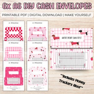 Puede incluir: Un conjunto de seis sobres de efectivo A6 DIY con varios patrones rosas, incluyendo cuadros, corazones y perros salchicha. Los sobres son para descarga digital PDF imprimible e incluyen rastreadores de dinero. El texto "Write your own text" es visible.