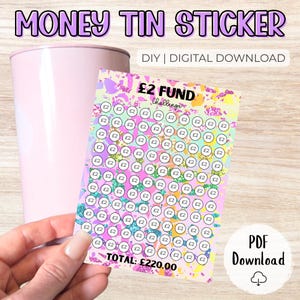 2 Pound Money Challenge Money Tin Sticker – Digital Download | UK Printable Label | Save 220+ | Fun Savings Tracker for Sealed Tins