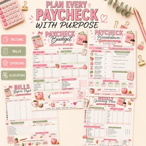 May include: A set of printable budget planner sheets featuring pink and green color schemes with headers like Paycheck Budget, Paycheck Breakdown, Bills Before Payday, and Weekly Spending Plan, decorated with icons of calculators, piggy banks, and coffee cups.