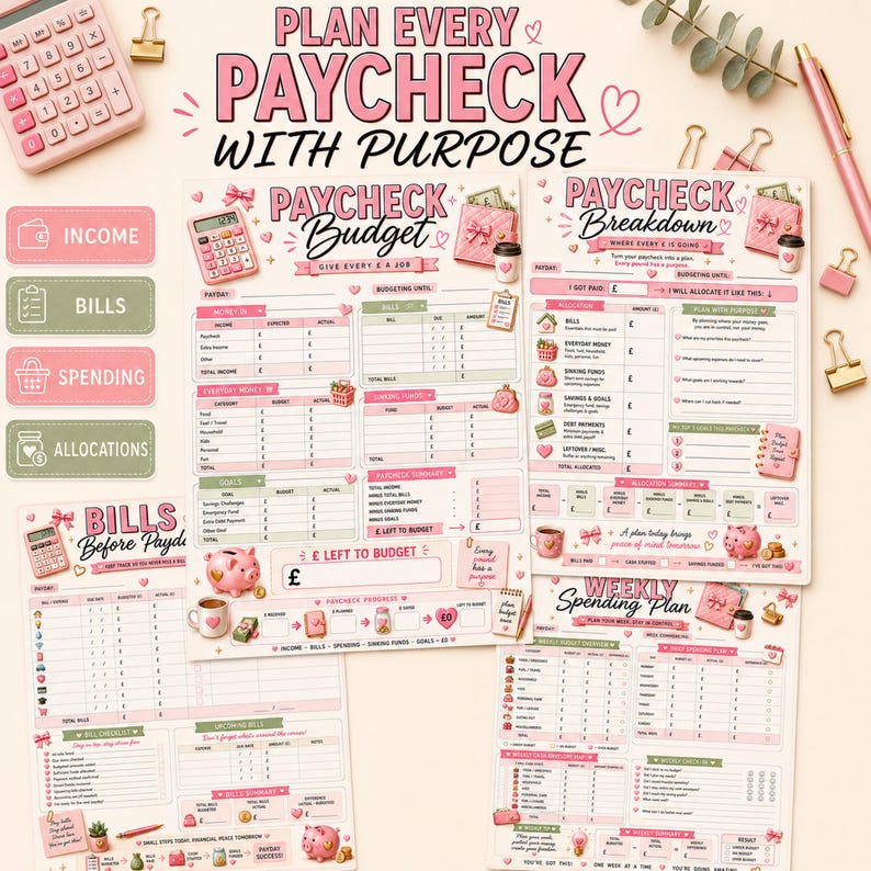 May include: A set of printable budget planner sheets featuring pink and green color schemes with headers like Paycheck Budget, Paycheck Breakdown, Bills Before Payday, and Weekly Spending Plan, decorated with icons of calculators, piggy banks, and coffee cups.