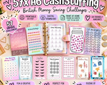 May include: A collection of 57 A6 cash stuffing money saving challenge cards featuring various themes like car insurance, home makeovers, and holiday funds. The cards include printed icons for tracking savings, with text labels in English and pink accents.
