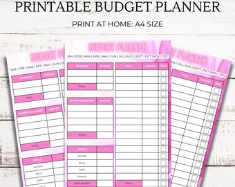 May include: Printable budget planner with pink floral design. The planner includes sections for income, bills, savings challenges, and totals. The planner is designed for use with a standard A4 size paper.