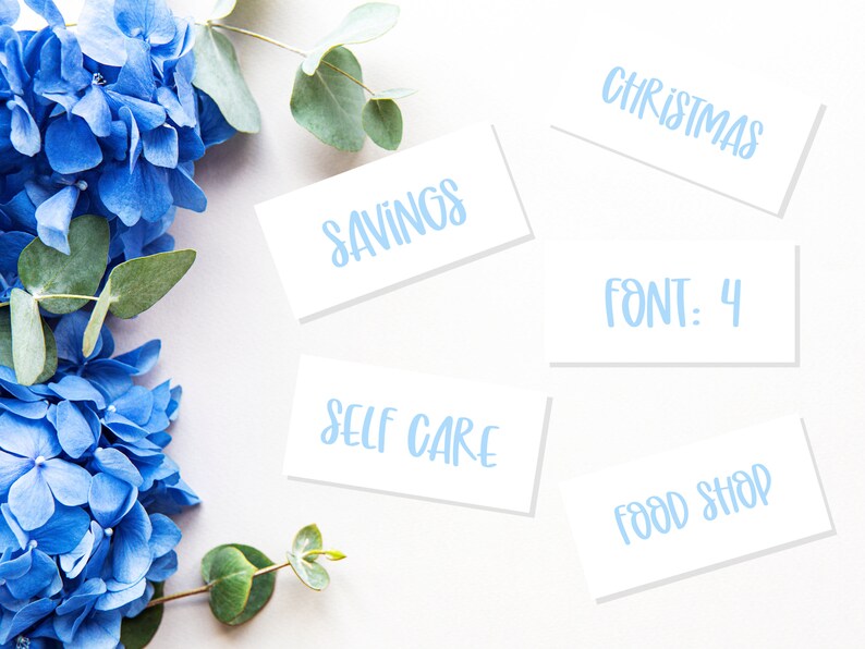 May include: White cards with blue text on a white background. The text on the cards reads "Christmas", "Savings", "Self Care", "Font: 4", and "Food Shop". Blue hydrangeas and eucalyptus leaves are on the left side of the image.