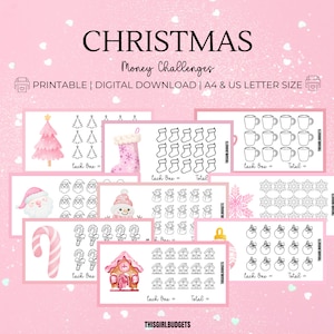 Puede incluir: Seguimiento de desafío de dinero de Navidad imprimible con imágenes de árboles de Navidad, calcetines, Papá Noel, muñecos de nieve, bastones de caramelo, casas de jengibre, tazas, copos de nieve y adornos. Cada imagen tiene un espacio para escribir un monto en euros para cada artículo y un monto total.