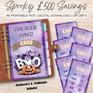 May include: A digital download featuring a Halloween-themed savings tracker. The design includes a purple and orange color scheme with a ghost, pumpkin, and the text "Spooktacular Savings!" and "£500". Includes a dashboard and challenges.