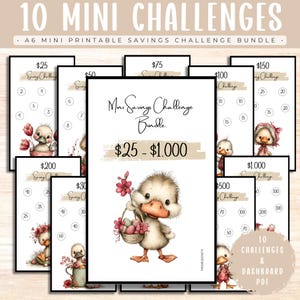 May include: A bundle of 10 printable A6 savings challenge cards featuring illustrations of ducklings with flowers and eggs. Each card displays a specific monetary amount ranging from $25 to $1,000, with circular spaces for tracking progress toward financial goals.