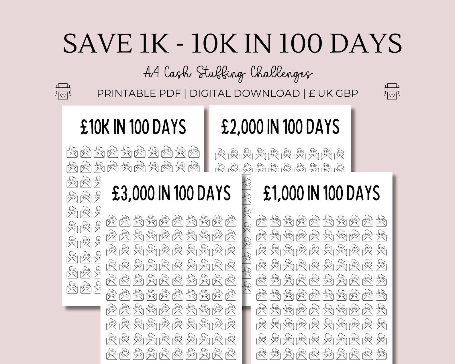 Save 1K- 10k in 100 Days Saving Challenge Bundle - A4 Printable PDF UK ...